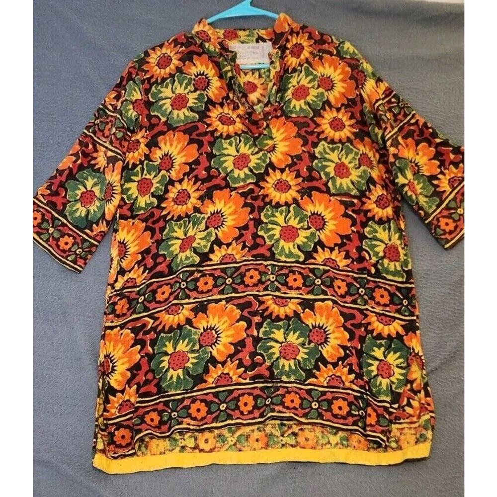 Vtg Handmade Moroccan Women’s Linen Tunic Blouse Sz M Floral‎ Side Slits Inde